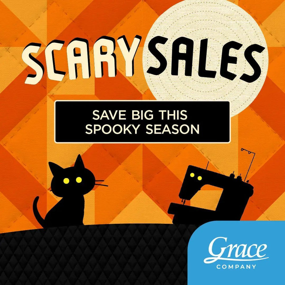 Grace Company Halloween banner with quilting machine silhouette, black cat, and Scary Sales text