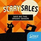 Grace Company Halloween banner with quilting machine silhouette, black cat, and Scary Sales text