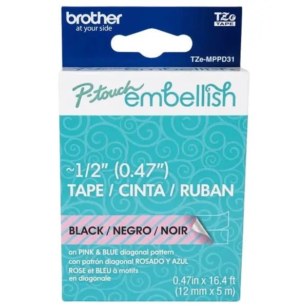 Brother P-Touch Embellish label tape, black on pink & blue diagonal pattern, 12mm x 5m