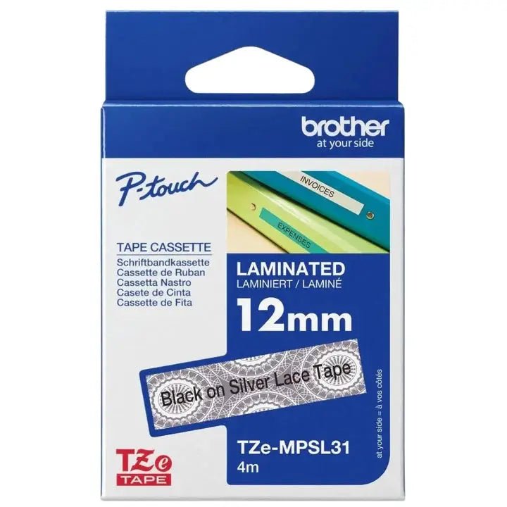 P-Touch Embellish tape cassette, 12mm black on silver lace pattern, Brother TZe-MPSL31, 4m roll