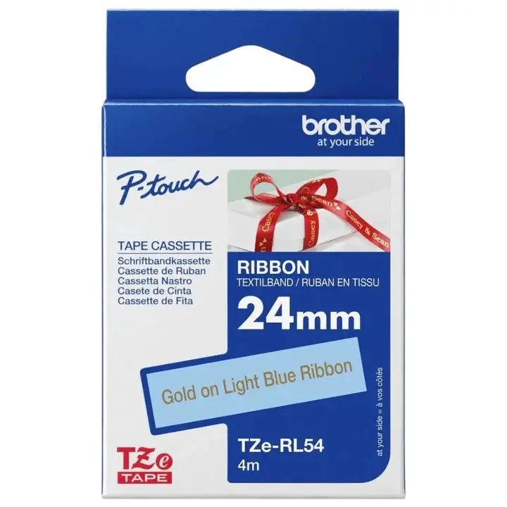 Brother P-Touch Embellish Gold on Light Blue Satin Ribbon tape for label printers, 24mm, TZE-RL54, 4m