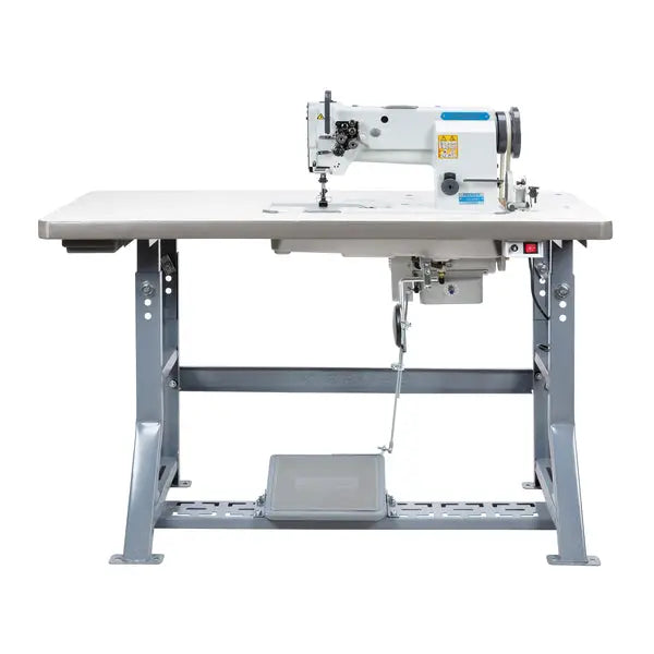 Consew Premier 2339RB white double-needle sewing machine on assembled table with servo motor