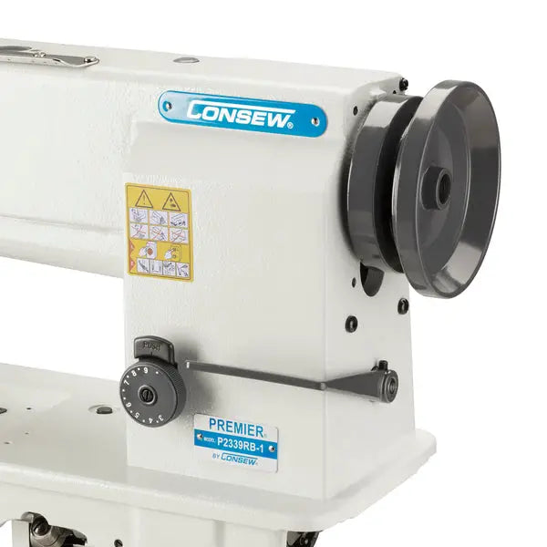 Consew Premier 2339RB double-needle sewing machine in gray with assembled table and servo motor