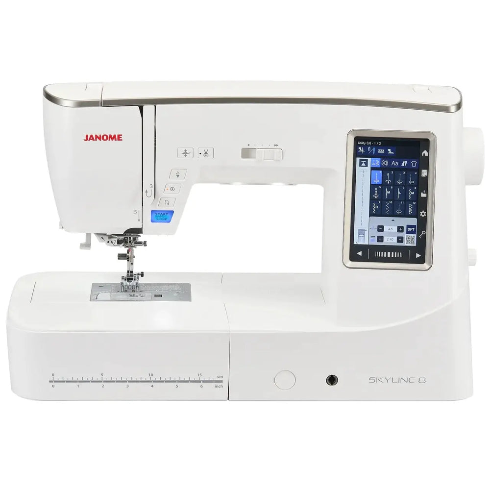 Janome Skyline 8 sewing and quilting machine, white computerized model with touchscreen display