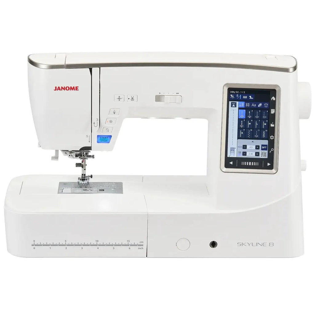 Janome Skyline 8 sewing and quilting machine, white computerized model with touchscreen display