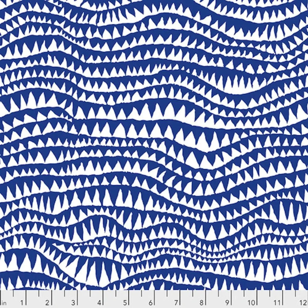 Sharks Teeth Cobalt quilting cotton fabric by Brandon Mably featuring wavy cobalt blue triangular rows on a white background.
