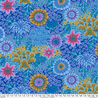 Dream Blue quilting cotton fabric with vibrant pink, purple, mustard, aqua, and blue flowers on a patterned blue background.