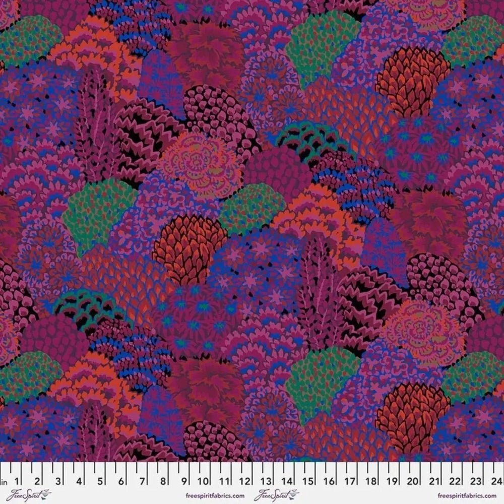 Large Oriental Trees Maroon quilting cotton fabric with bold multicolor botanical tree motifs in maroon, purple, green, and coral tones.