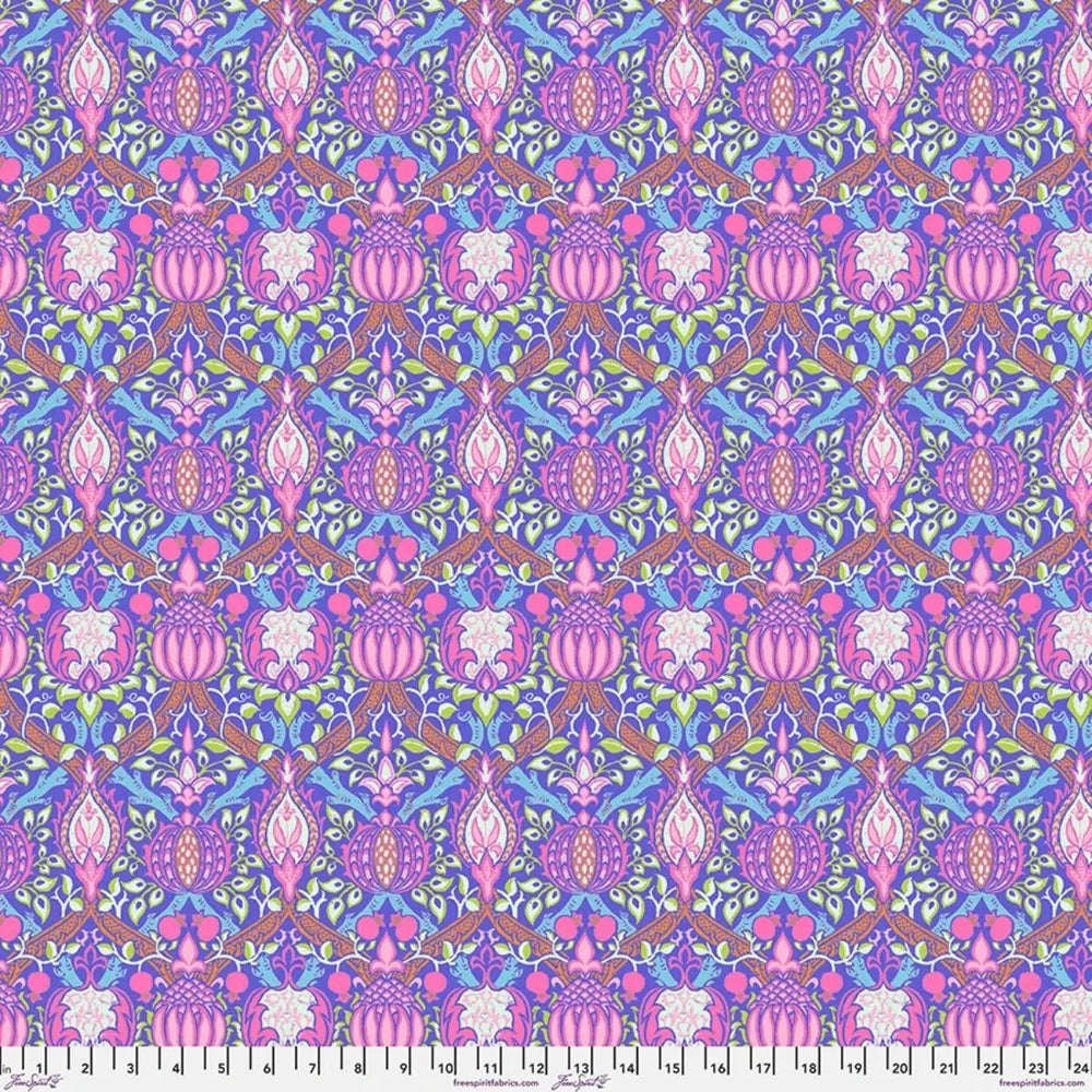 Granada Purple quilting cotton fabric featuring ornate purple, pink, blue, and green botanical motifs.