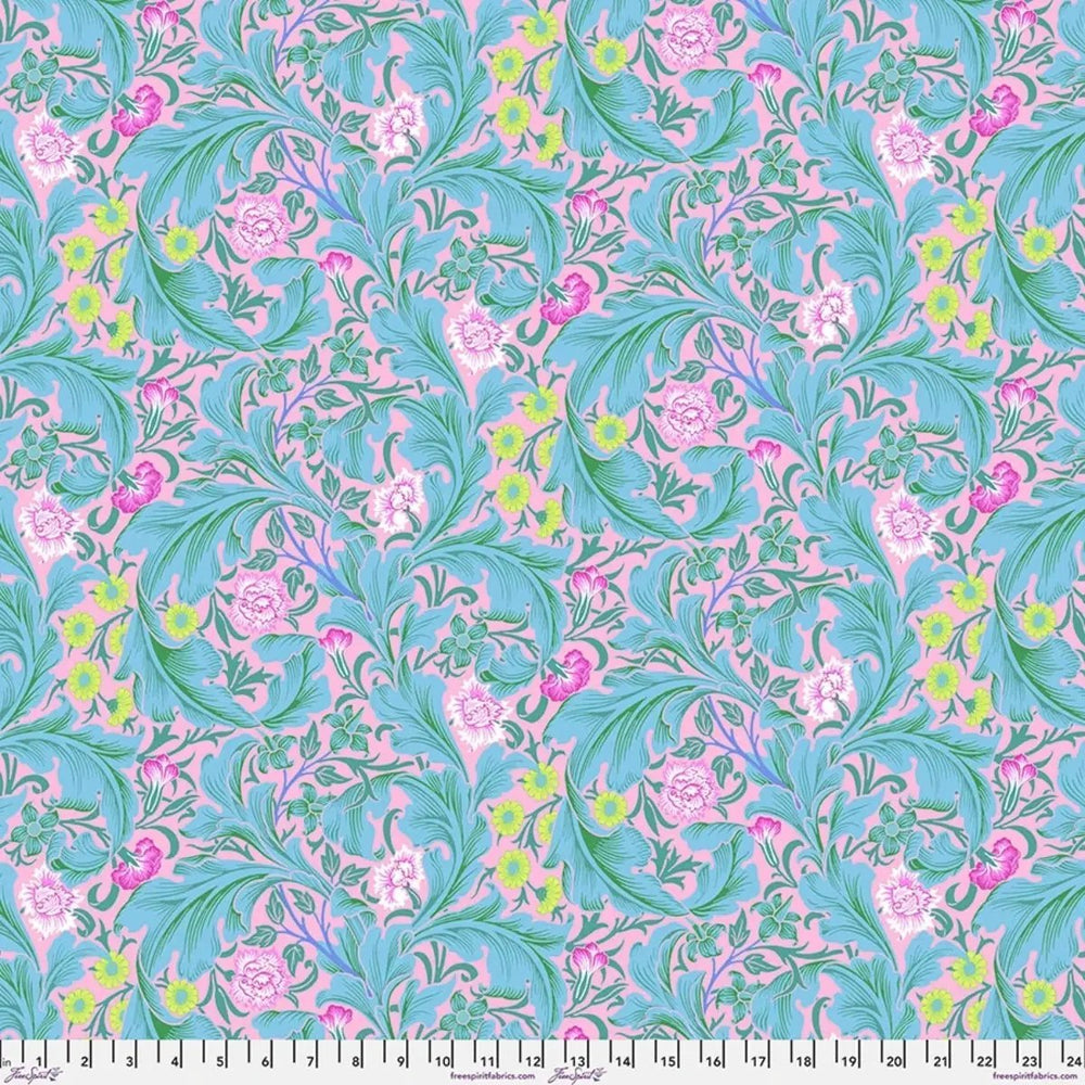 Leicester Aqua quilting cotton fabric featuring turquoise foliage and colorful floral motifs on a soft pink background.