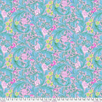 Leicester Aqua quilting cotton fabric featuring turquoise foliage and colorful floral motifs on a soft pink background.