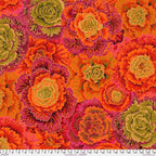 Brassica Rust quilting cotton fabric with oversized botanical leaves in rust, orange, burgundy, green, and pink tones.