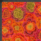 Brassica Rust quilting cotton fabric with oversized botanical leaves in rust, orange, burgundy, green, and pink tones.