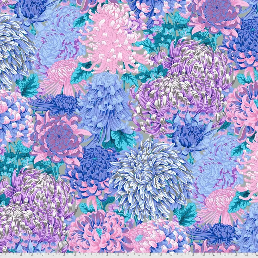 Hokusai’s Mums Grey quilting fabric with large chrysanthemum floral motifs by Philip Jacobs for FreeSpirit Fabrics