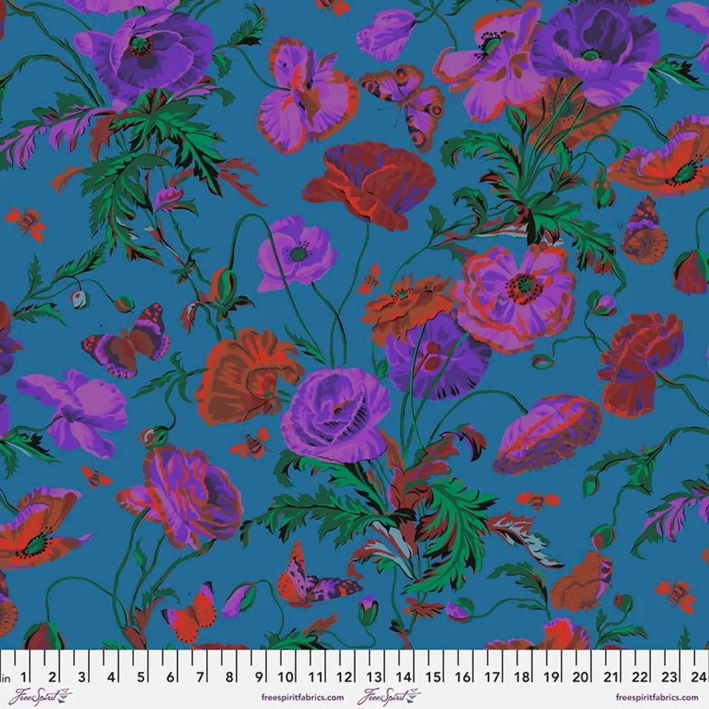 Meadow Teal quilting cotton fabric by Philip Jacobs featuring vibrant teal, blue, green, orange, and red floral meadow motifs.