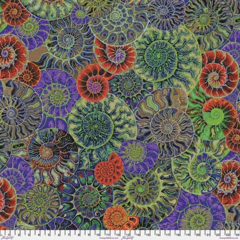Ammonites Dark quilting fabric with swirling fossil-inspired motifs by Philip Jacobs for FreeSpirit Fabrics