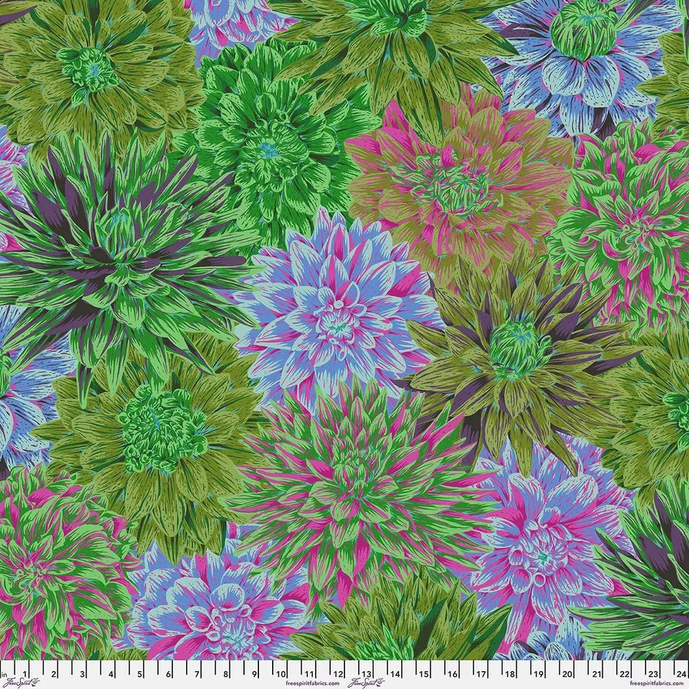 Bursting Stripes Green quilting cotton fabric by Philip Jacobs featuring large green, purple, pink, and cream radiating floral motifs.