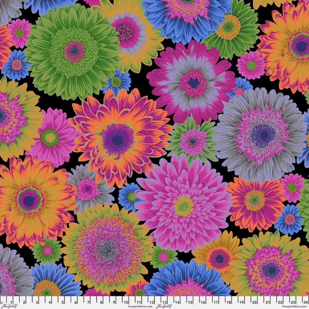 Gerbera Daisies Dark quilting cotton fabric with vibrant multicolor flowers on a deep black background.