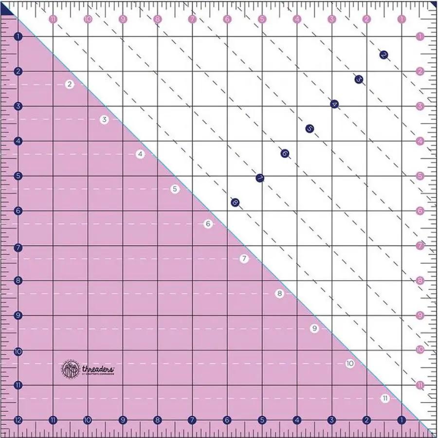 Threaders 12.5-inch square folding ruler; pink with grid lines and diagonal guide marks, Threaders logo visible.