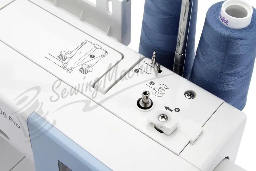 Pfaff Smarter C1100 Pro sewing machine, white body with blue thread spools