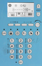 Pfaff Smarter C1100 Pro sewing machine control panel on a blue body with digital display