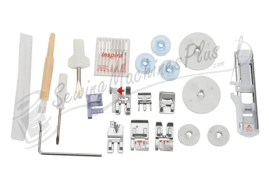 Pfaff sewing machine accessory set with multiple presser feet and bobbins.