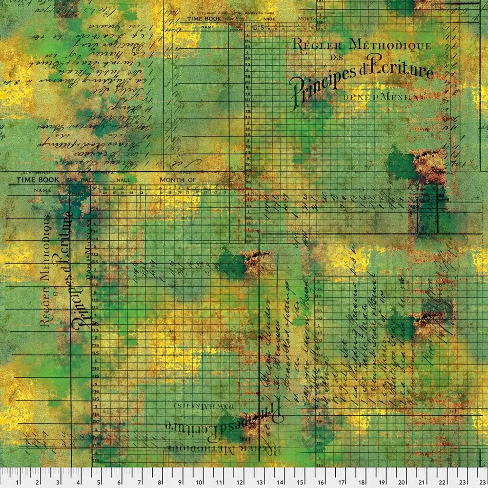 FreeSpirit Principal Methods Moss PWTH132.MOSS cotton fabric by Tim Holtz featuring vintage script, grid details, and distressed green and ochre tones.