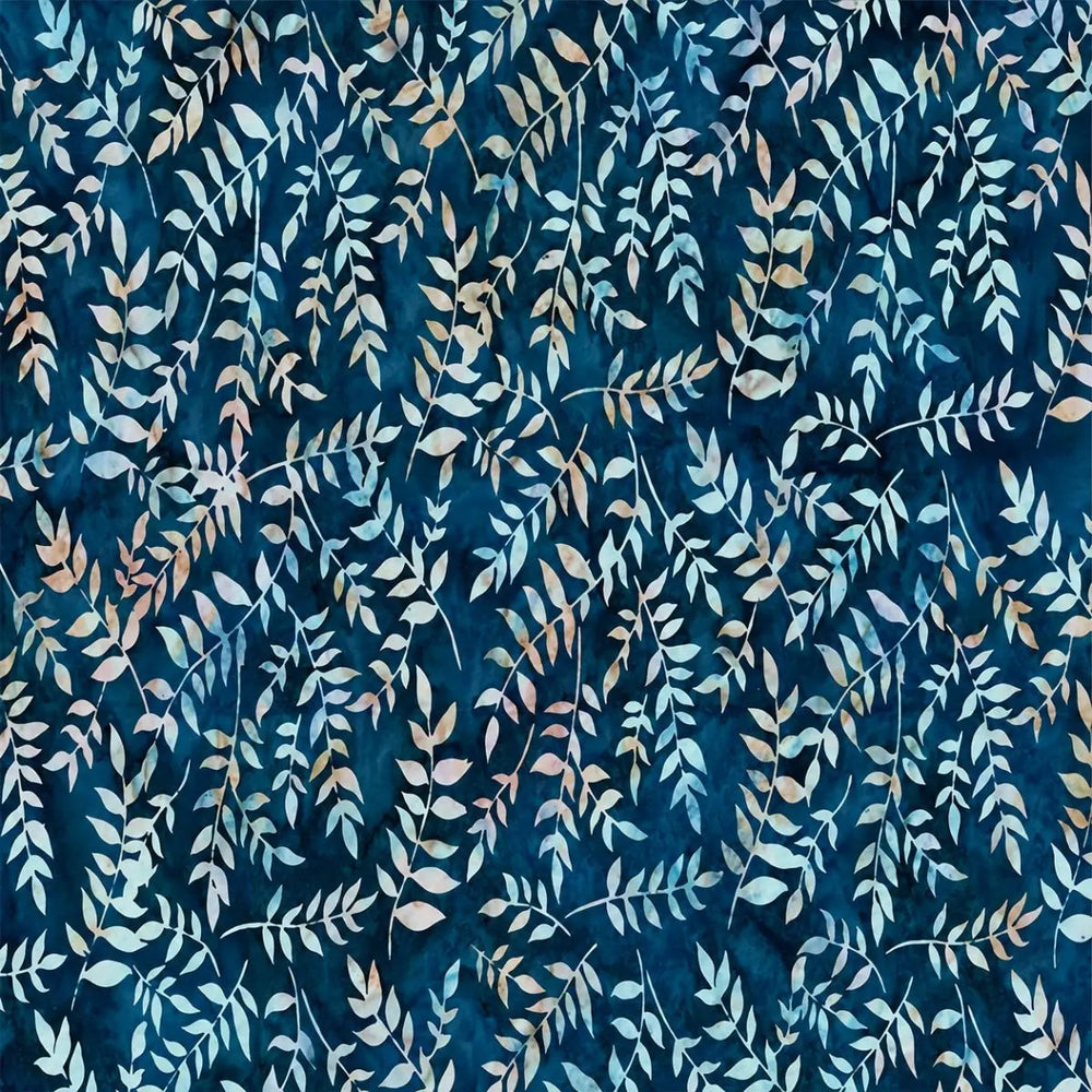 Hoffman Very Berry Blue Batik Navy cotton fabric featuring soft blue and white leafy branches on a dark navy background.
