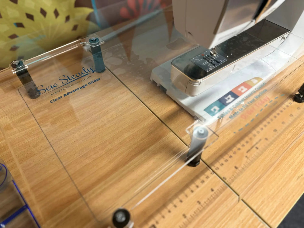 Sew Steady Clear Ruler Work Glider, transparent acrylic grid ruler on sewing machine