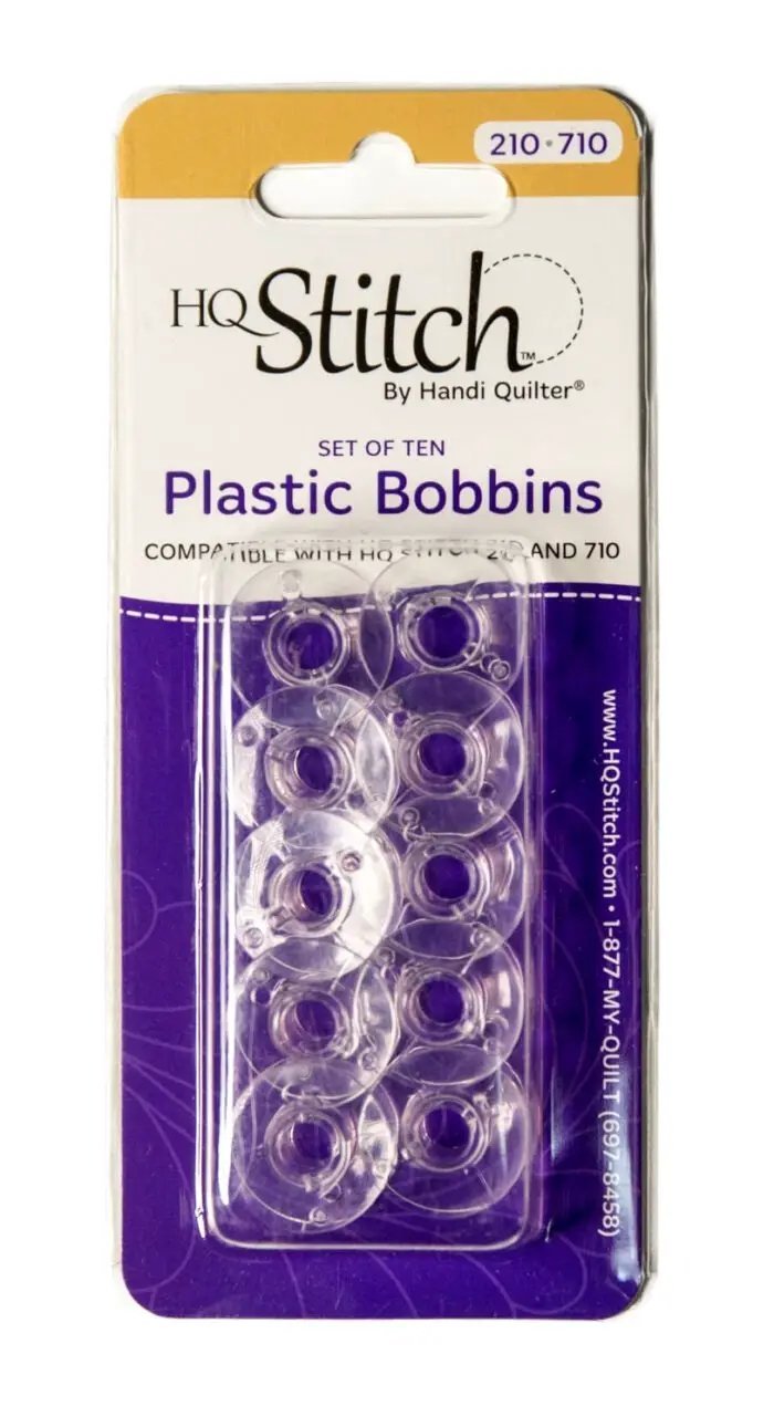 Plastic bobbins, set of ten, clear plastic; Handi Quilter HQ Stitch packaging, compatible with 210-710