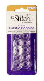 Plastic bobbins, set of ten, clear plastic; Handi Quilter HQ Stitch packaging, compatible with 210-710