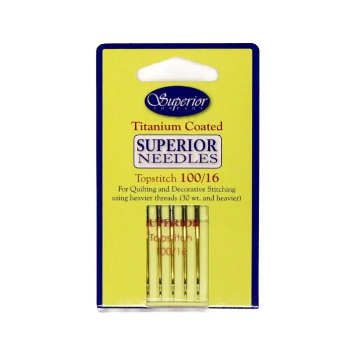 Superior Topstitch needles, 5-pack titanium coated, size #100/16, packaged in yellow display card