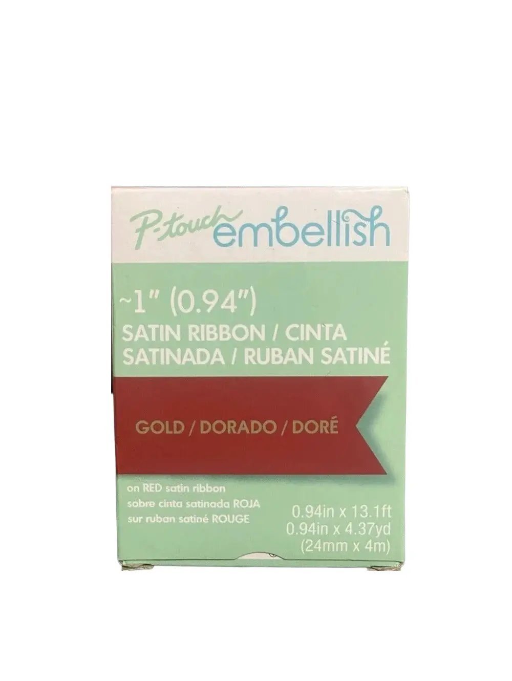 P-Touch Embellish satin ribbon, gold/red, by Brother, 0.94 in wide