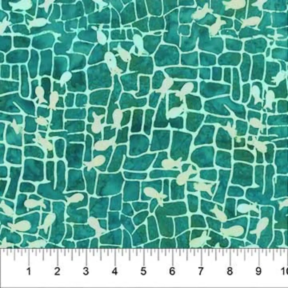 Banyan Batiks Resort Life Dark Teal 80861-64 cotton batik fabric featuring small fish on a dark teal textured background.