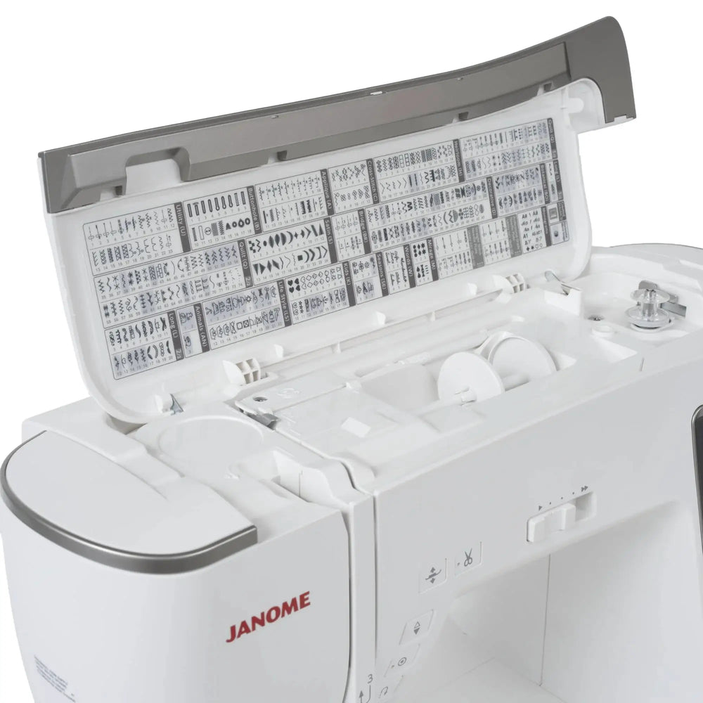 Janome Skyline 8 computerized sewing & quilting machine, white and gray with stitch-chart panel