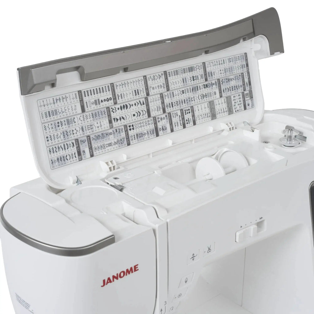 Janome Skyline 8 computerized sewing & quilting machine, white and gray with stitch-chart panel