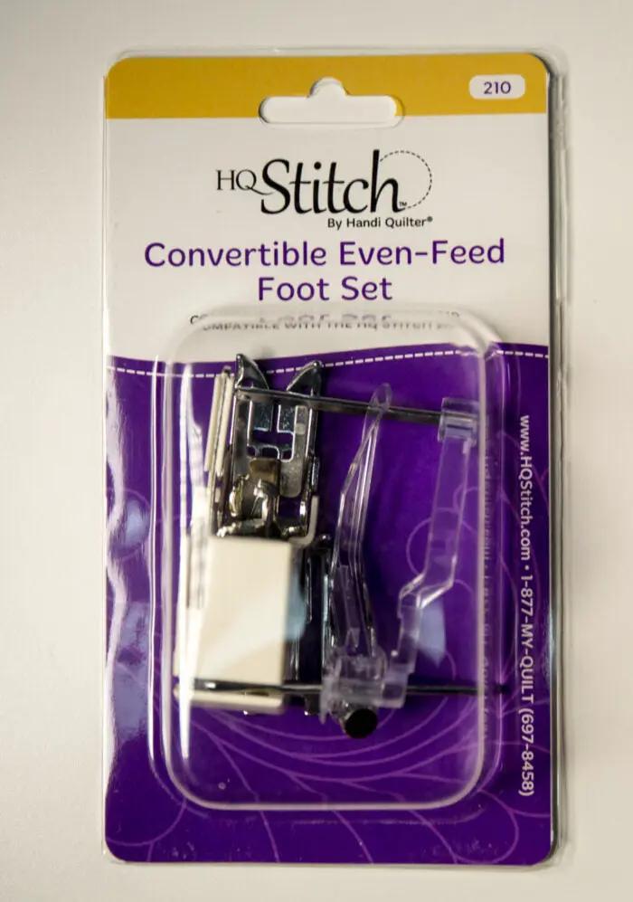 Handi Quilter Convertible Even-Feed Foot Set; metal presser feet in clear packaging with purple card