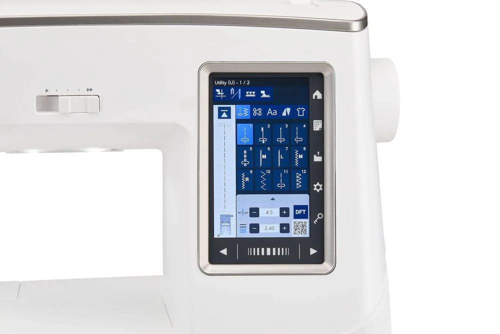 Janome Skyline 8 sewing and quilting machine, white computerized model with touchscreen interface.