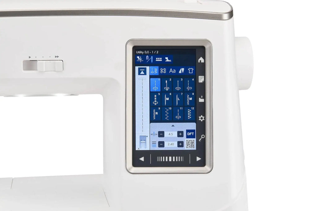 Janome Skyline 8 sewing and quilting machine, white computerized model with touchscreen interface.