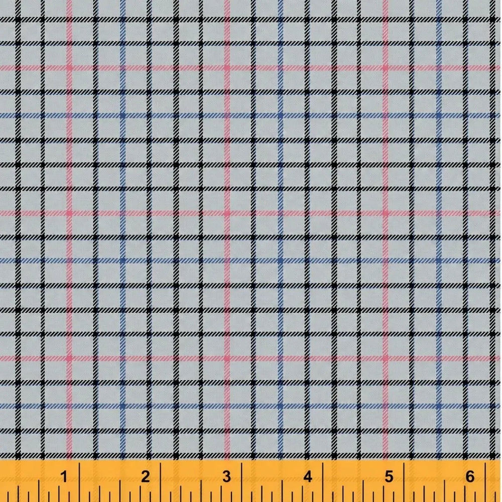Shopify Alt Text: Windham Fabrics Dad Plaids Norman Grey 51870-6 cotton fabric featuring black, blue, and muted pink plaid lines on a grey background with a measurement ruler.
