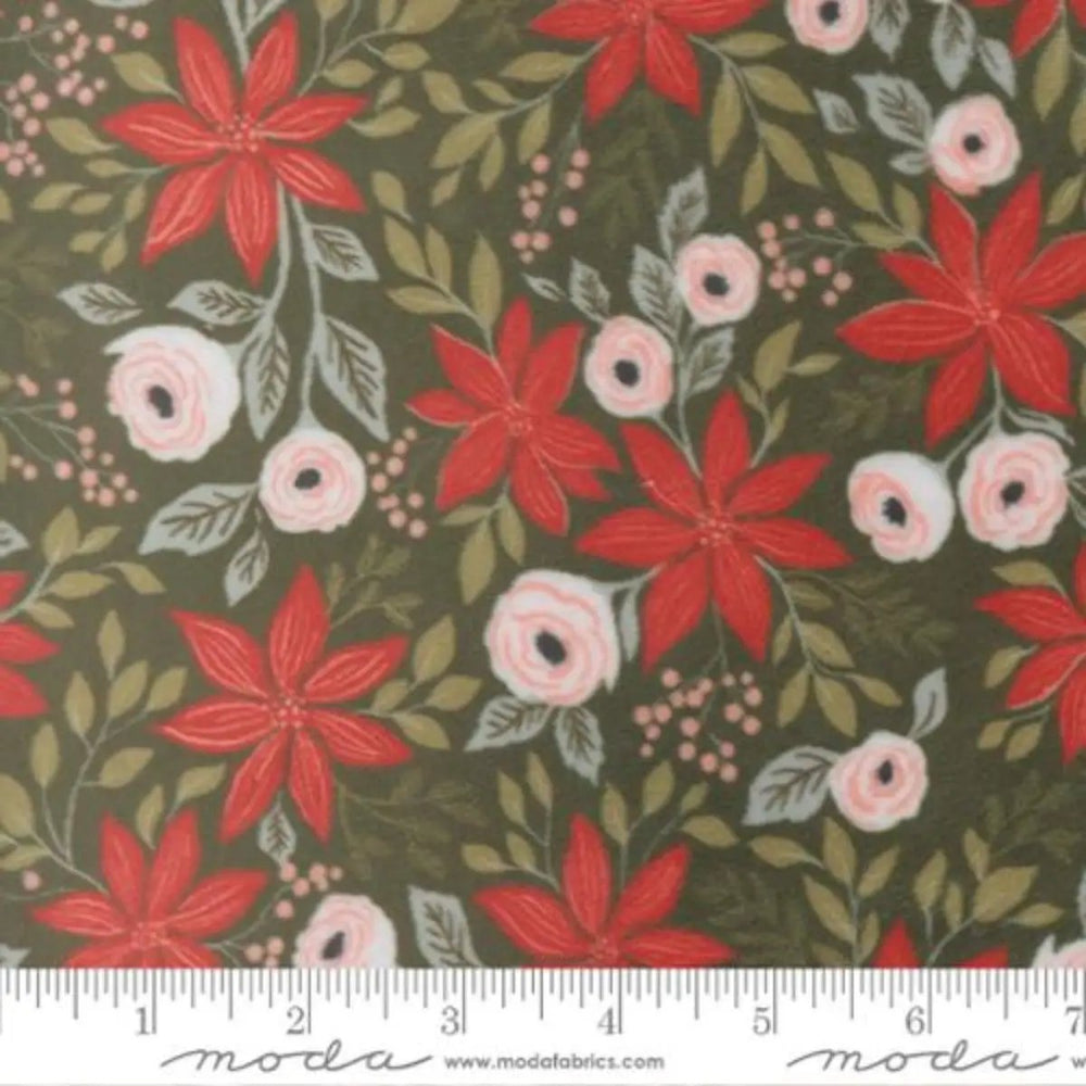 Moda Christmas Eve Quilting Cuddle Poinsettia Party Wintergreen 5240 13QC polyester minky fabric with red poinsettias and white flowers on a sage-green background.
