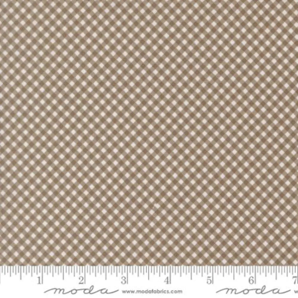Moda Birch & Willow Quilting Cuddle Gingham Stone 37726 16QC low-pile polyester fabric featuring a small grey and taupe checkered pattern.
