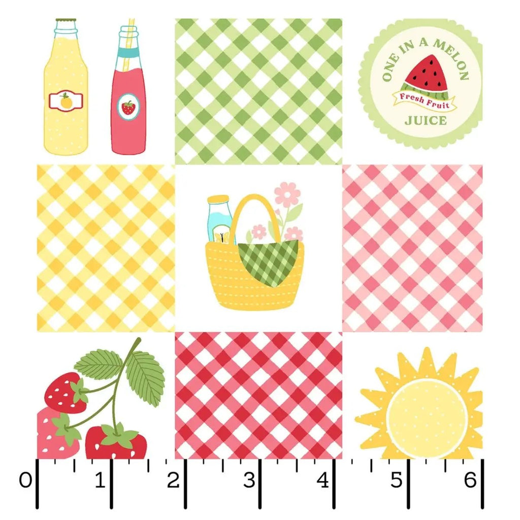 Sippin' on Sunshine Picnic Quilt cotton canvas fabric by Kimberbell with colorful patchwork designs and an inch measurement ruler