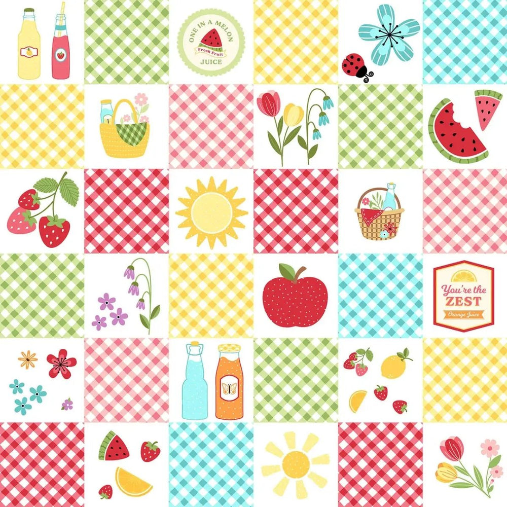 Maywood Studio Sippin' on Sunshine Picnic Quilt canvas fabric featuring colorful gingham squares, fruit, flowers, and summer motifs.