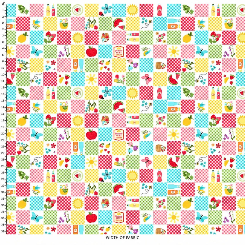 Full repeat of Sippin' on Sunshine Picnic Quilt canvas fabric featuring multicolored gingham squares and cheerful summer illustrations.