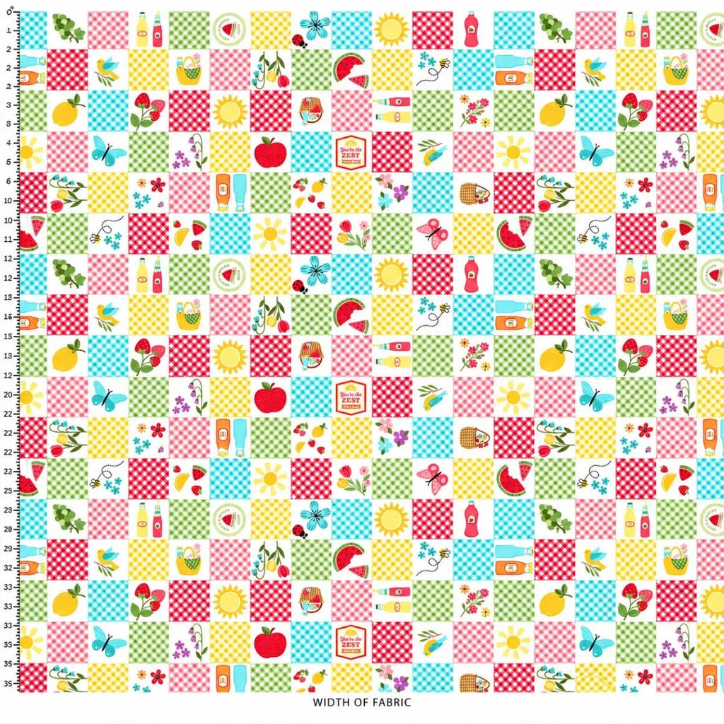 Full repeat of Sippin' on Sunshine Picnic Quilt canvas fabric featuring multicolored gingham squares and cheerful summer illustrations.