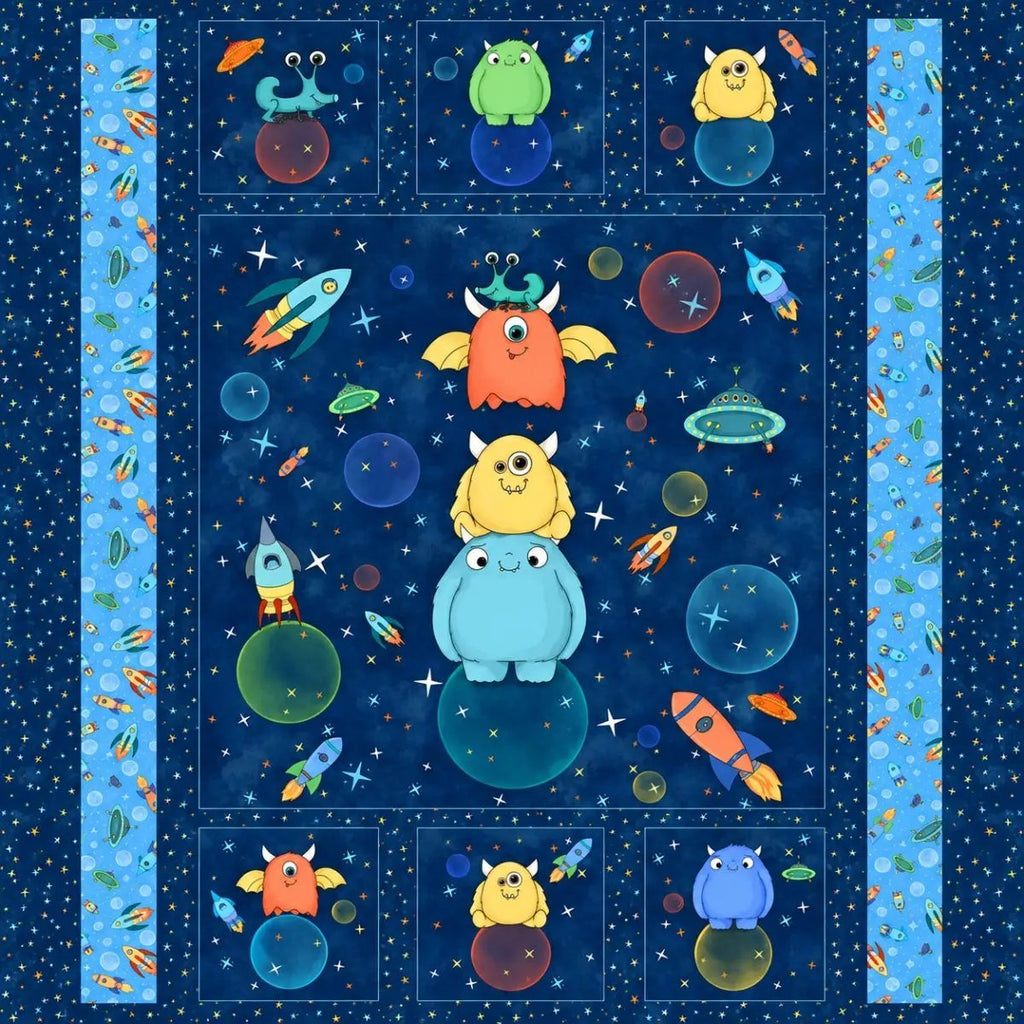 Maywood Studio Space Monsters MK10927-NZ navy minky fabric panel featuring colorful monsters, rockets, planets, and stars.