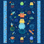 Maywood Studio Space Monsters MK10927-NZ navy minky fabric panel featuring colorful monsters, rockets, planets, and stars.