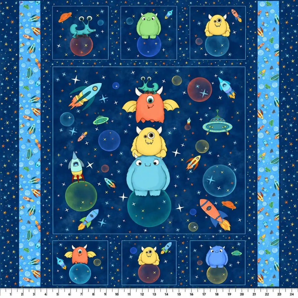 Maywood Studio Space Monsters MK10927-NZ navy minky fabric panel featuring colorful monsters, rockets, planets, and stars.