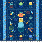 Maywood Studio Space Monsters MK10927-NZ navy minky fabric panel featuring colorful monsters, rockets, planets, and stars.